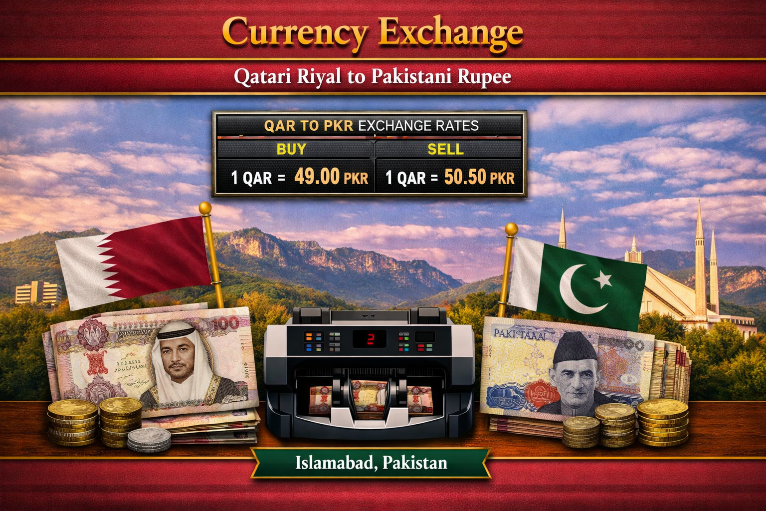 Currency Exchange Qatari Riyal (QAR) to PKR in Islamabad